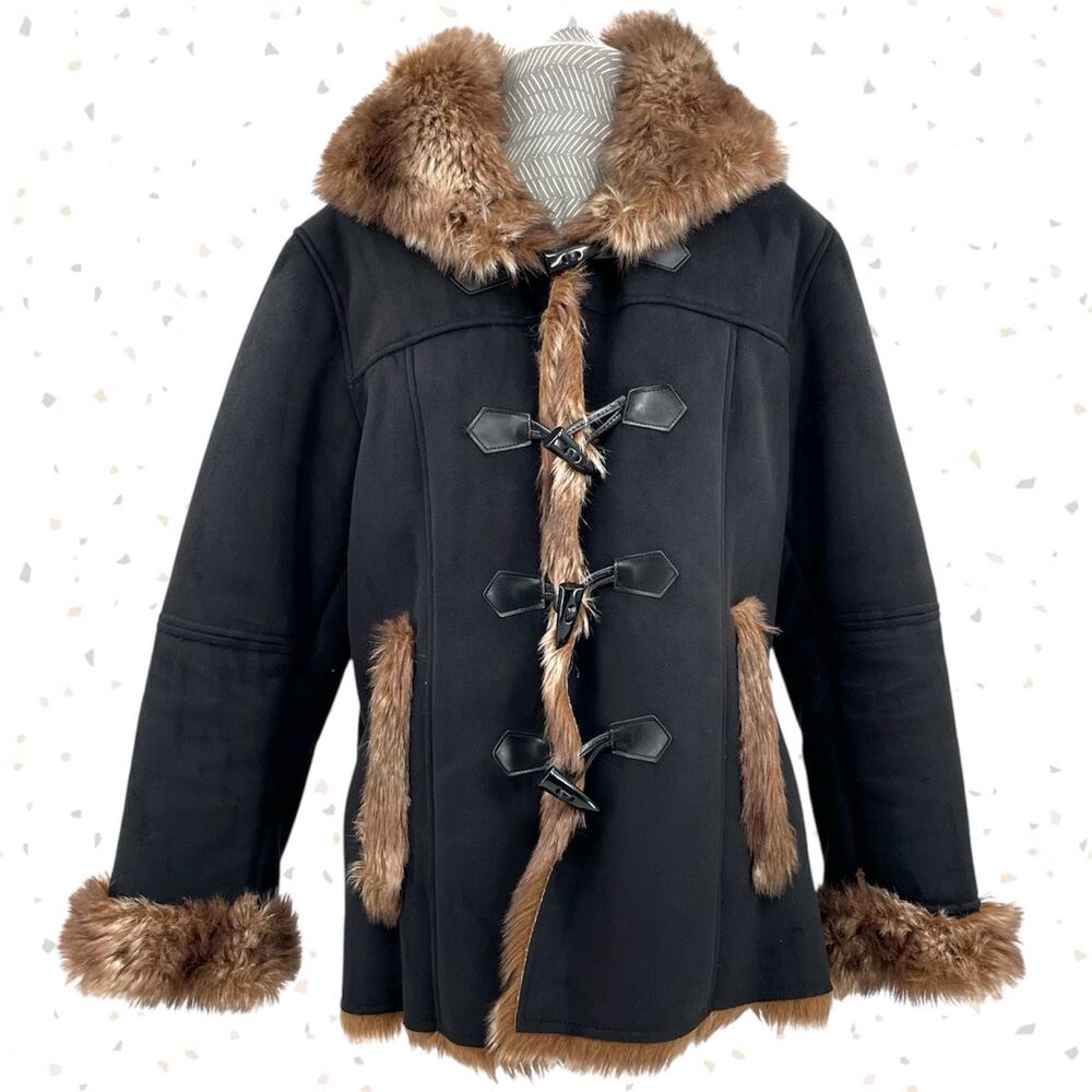 Black Faux Fur Lined Hooded Winter Coat Microsuede Coldwater Creek Petite L | 14